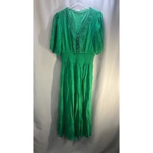Kings Road Tiered Maxi Dress Womens XL Green Crochet Lace Trim V Neck Smocked